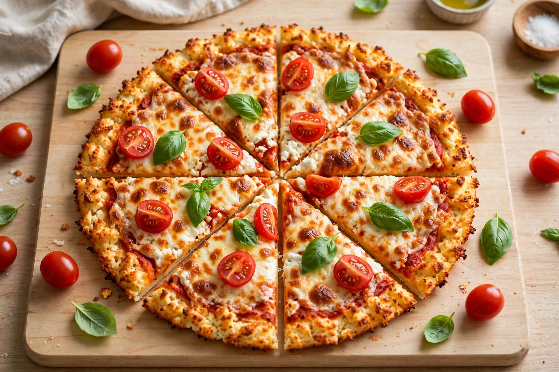A whole sliced cottage cheese pizza crust pizza with melted mozzarella, cherry tomatoes and fresh basil on a wooden board