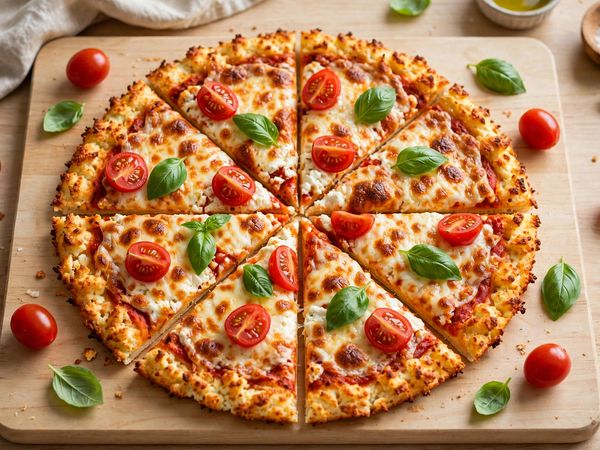 A whole sliced cottage cheese pizza crust pizza with melted mozzarella, cherry tomatoes and fresh basil on a wooden board