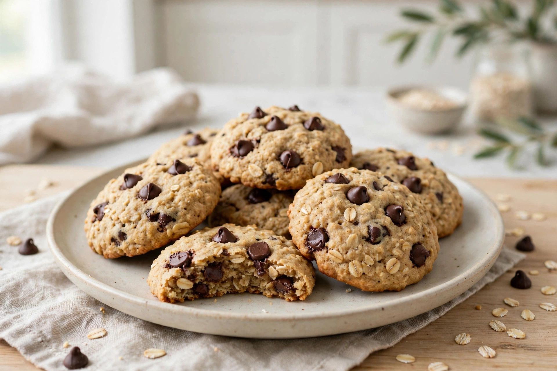 A stack of soft cottage cheese protein cookies with chocolate chips, on a light kitchen table