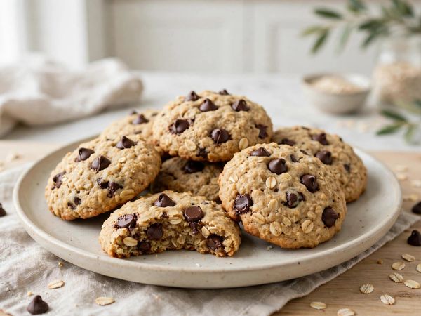 A stack of soft cottage cheese protein cookies with chocolate chips, on a light kitchen table