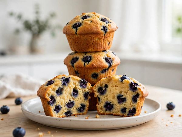 A stack of golden cottage cheese protein muffins with blueberries on a plate, one muffin broken open to show a soft crumb