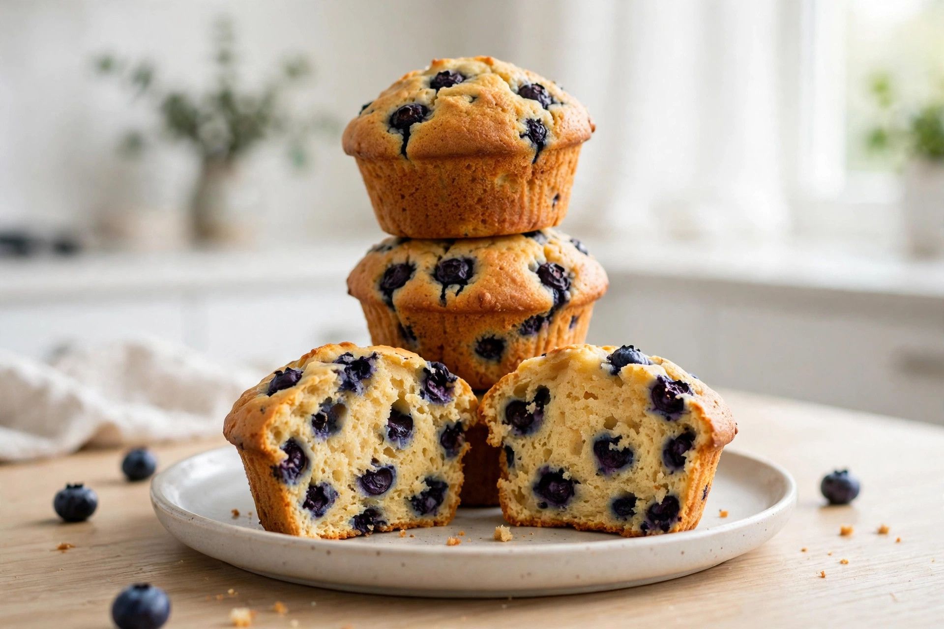 A stack of golden cottage cheese protein muffins with blueberries on a plate, one muffin broken open to show a soft crumb