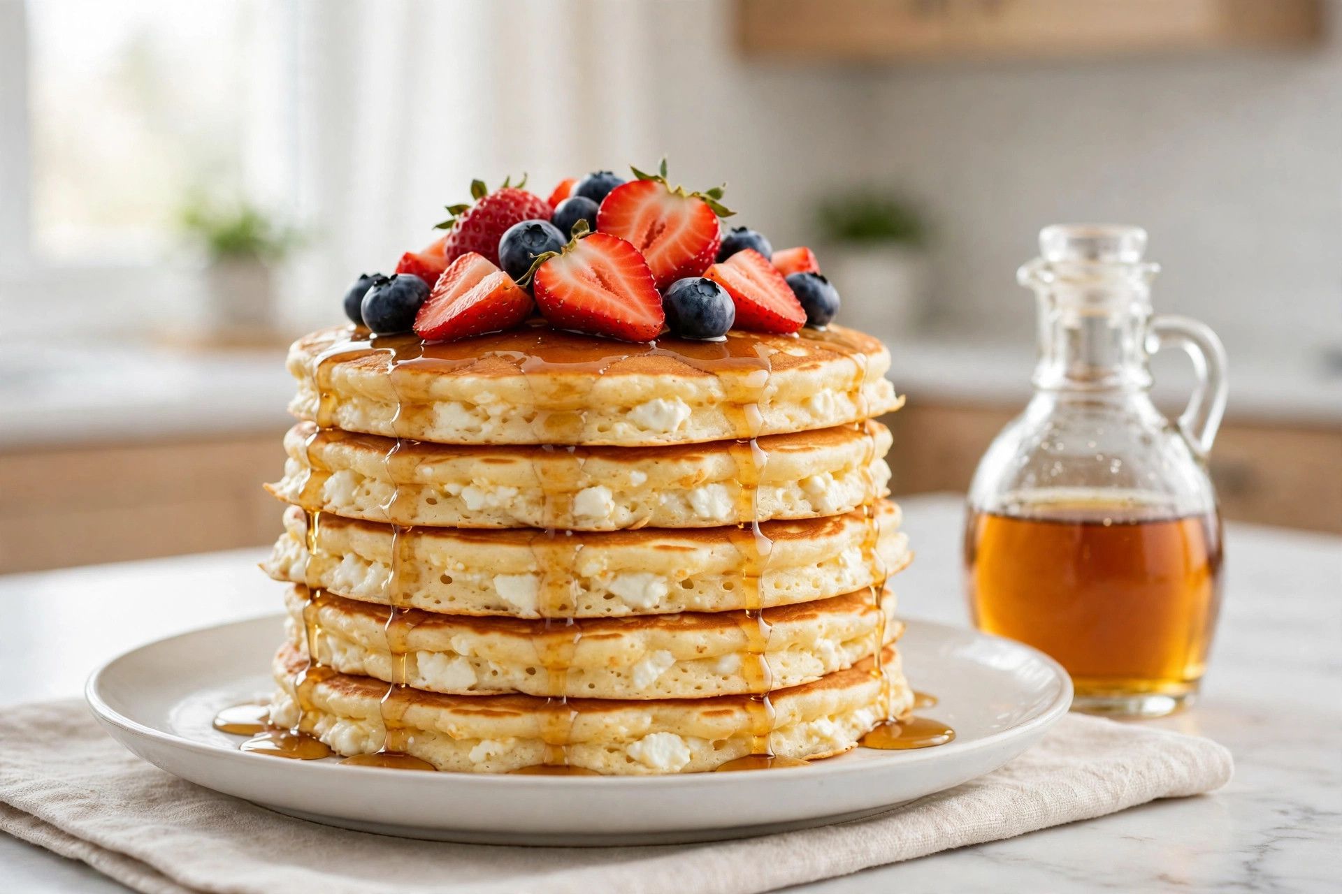 A tall stack of golden cottage cheese protein pancakes topped with fresh berries and a light drizzle of maple syrup