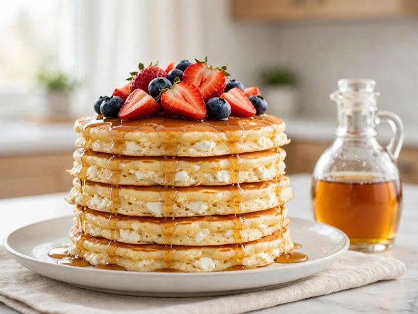 A tall stack of golden cottage cheese protein pancakes topped with fresh berries and a light drizzle of maple syrup