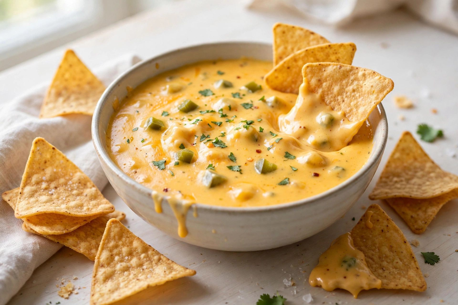 A warm bowl of golden cottage cheese queso dip with tortilla chips for scooping, on a light table