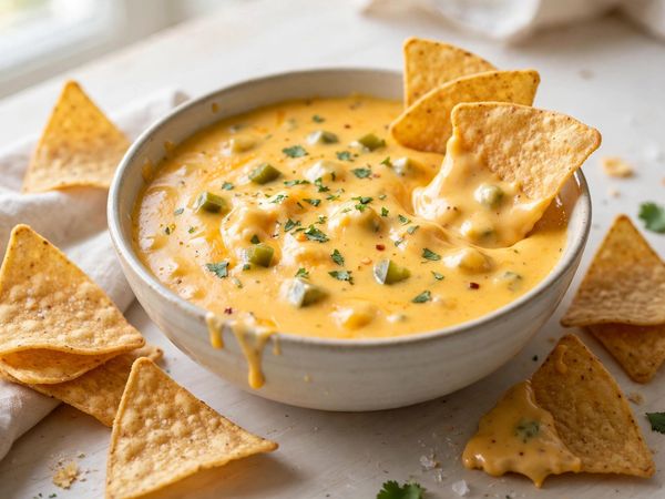 A warm bowl of golden cottage cheese queso dip with tortilla chips for scooping, on a light table