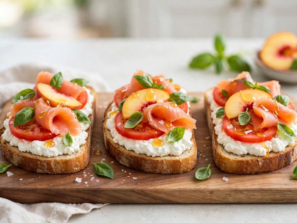 Three cottage cheese toasts on sourdough, topped Caprese style, with peach and honey, and with salmon and dill