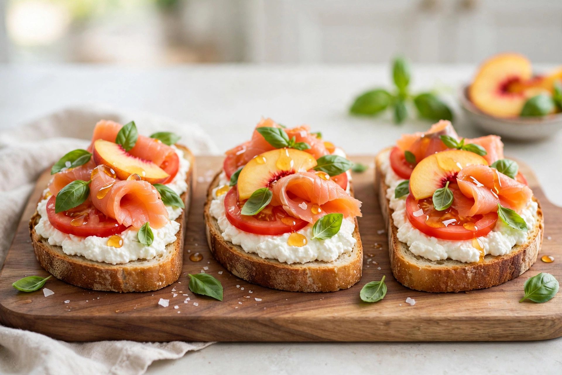 Three cottage cheese toasts on sourdough, topped Caprese style, with peach and honey, and with salmon and dill