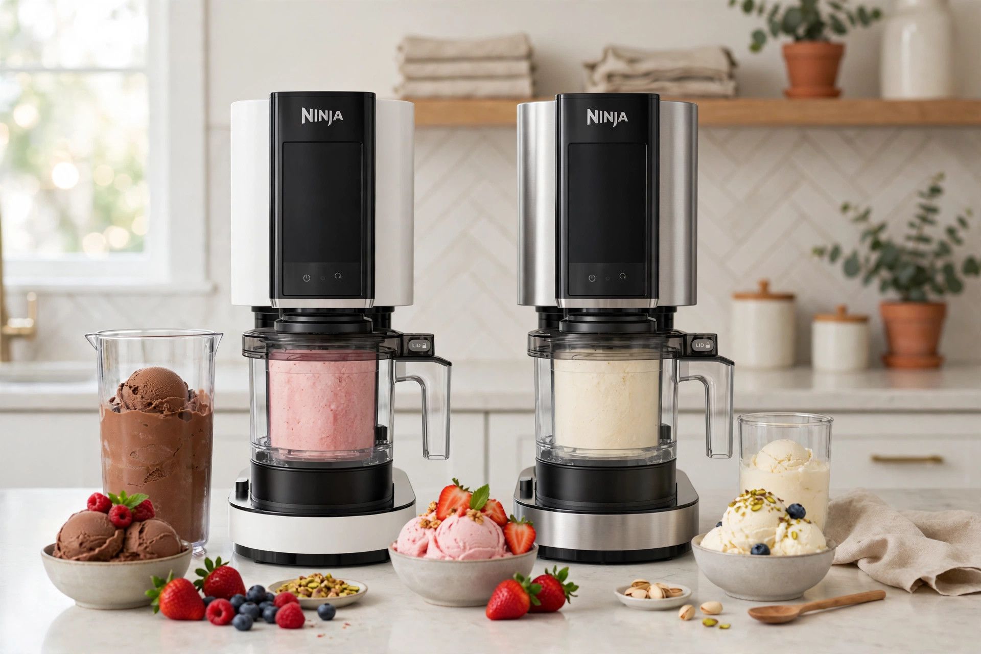 Two Ninja Creami style machines side by side on a bright kitchen counter with a large pint, a smaller pint, and bowls of finished ice cream