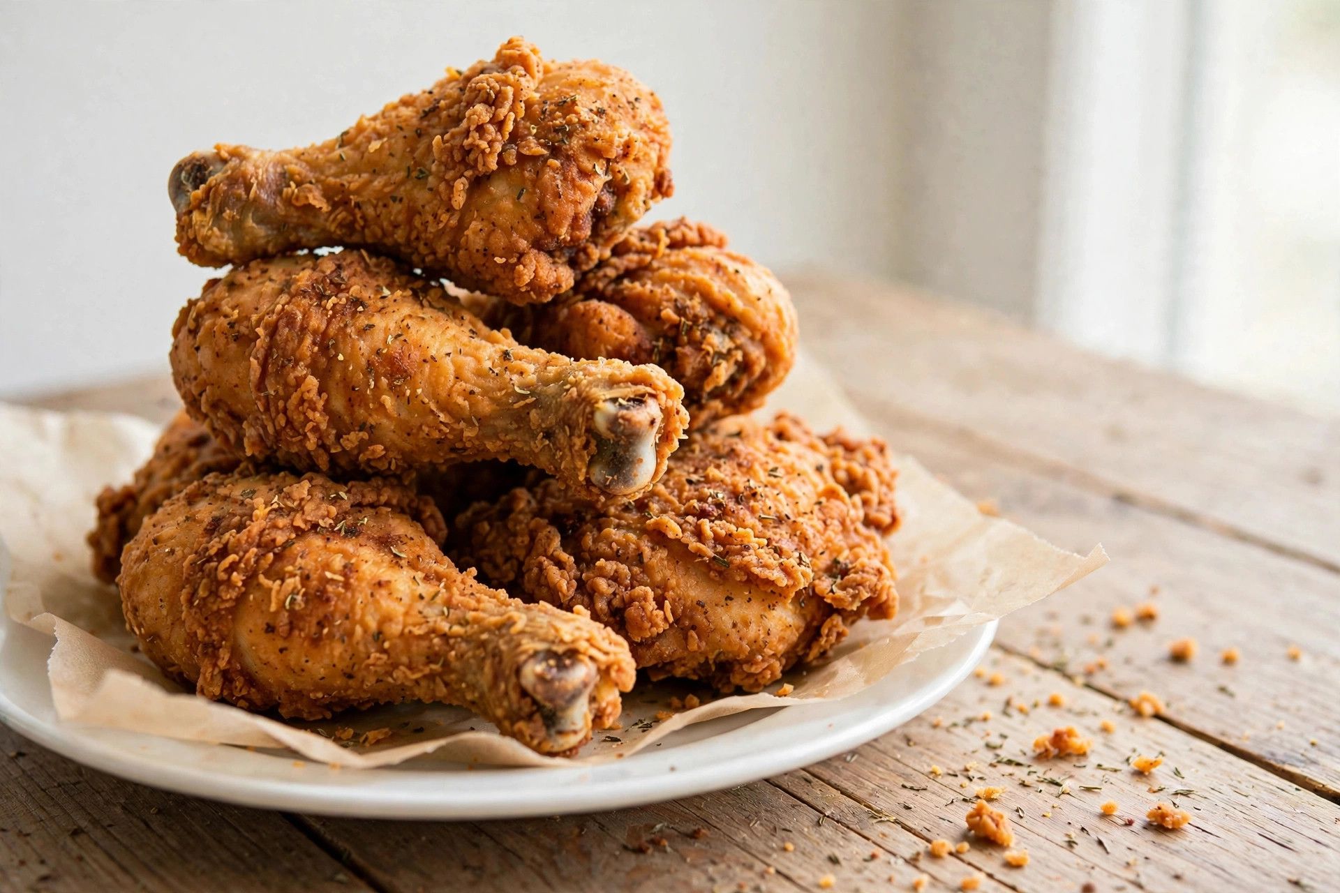 A stack of golden crispy fried chicken pieces on a white plate, with a shatteringly crisp seasoned crust