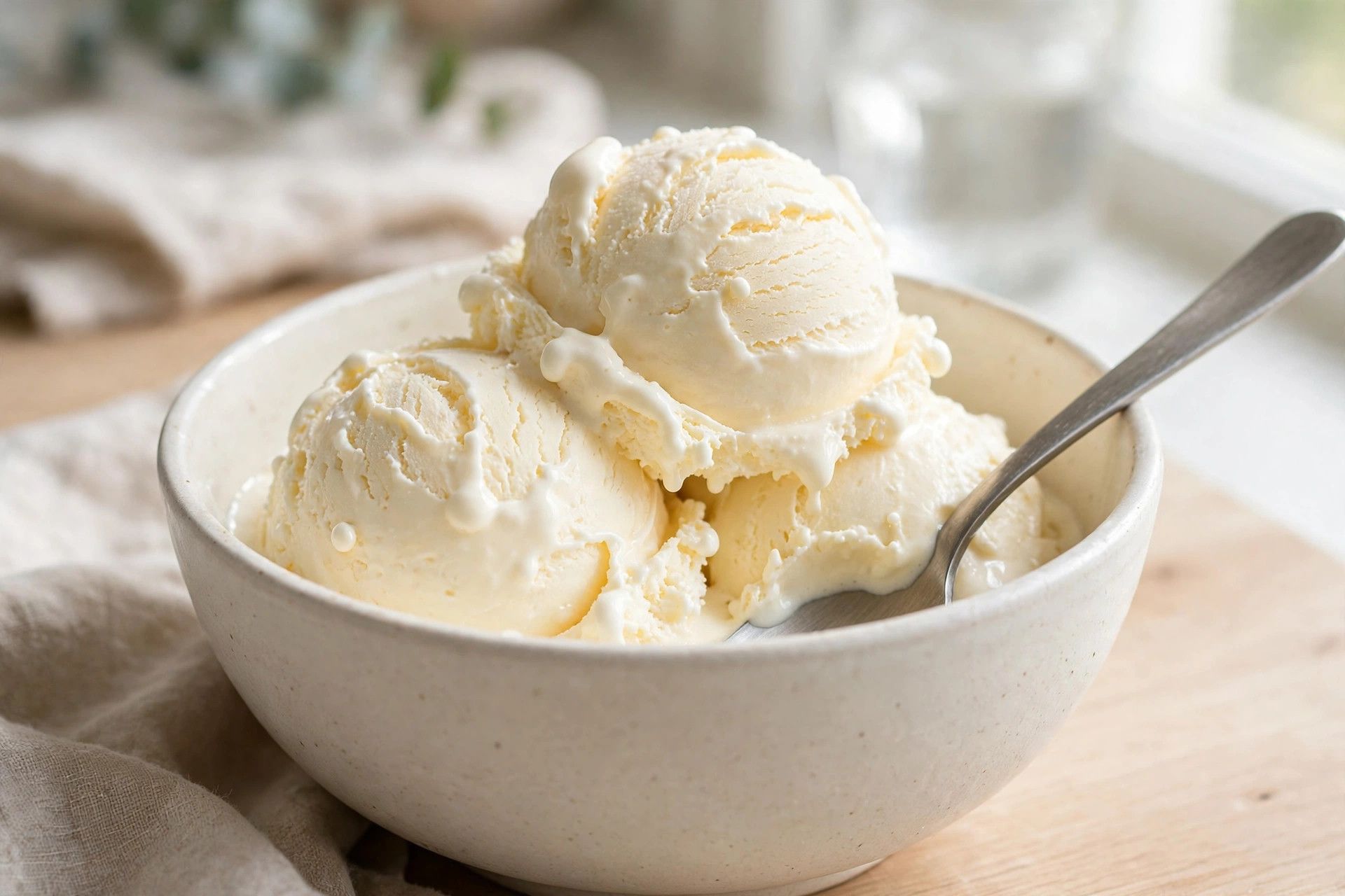 A bowl of thick creamy dairy free vanilla ice cream scoops with a spoon, on a light kitchen table