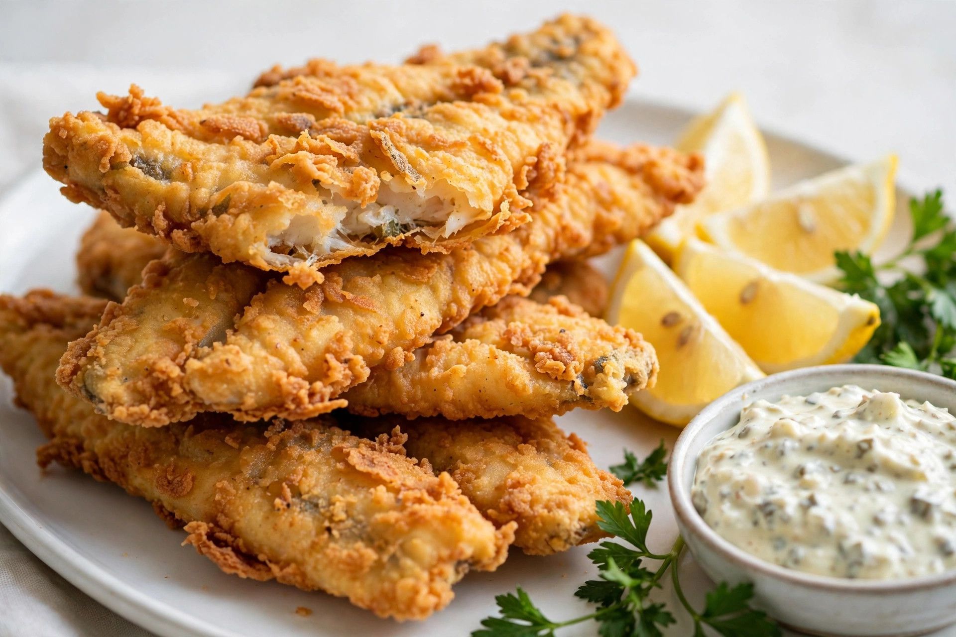 Golden crispy fried catfish fillets on a white platter with lemon wedges and tartar sauce, on a light table