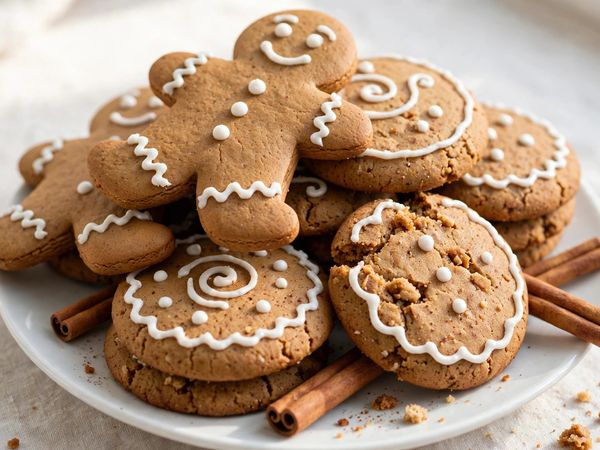 Soft gingerbread cookies, some piped with white icing, stacked on a white plate with cinnamon sticks