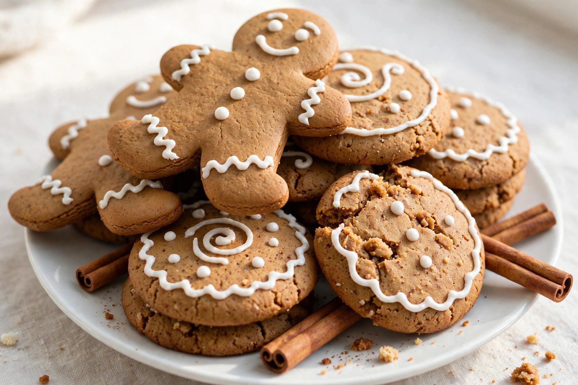 Soft gingerbread cookies, some piped with white icing, stacked on a white plate with cinnamon sticks