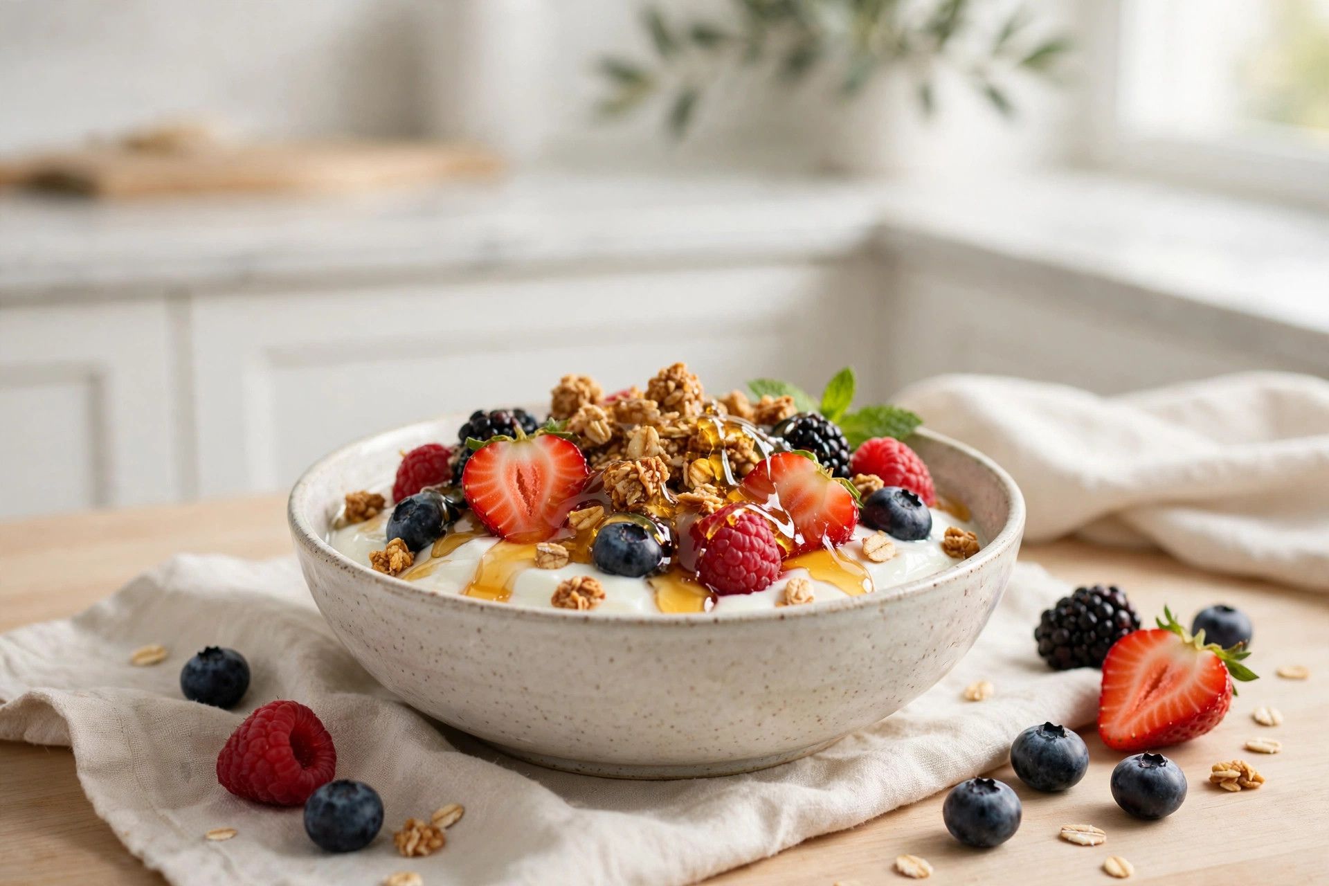 A large Greek yogurt and cottage cheese protein bowl topped with mixed berries, granola and seeds