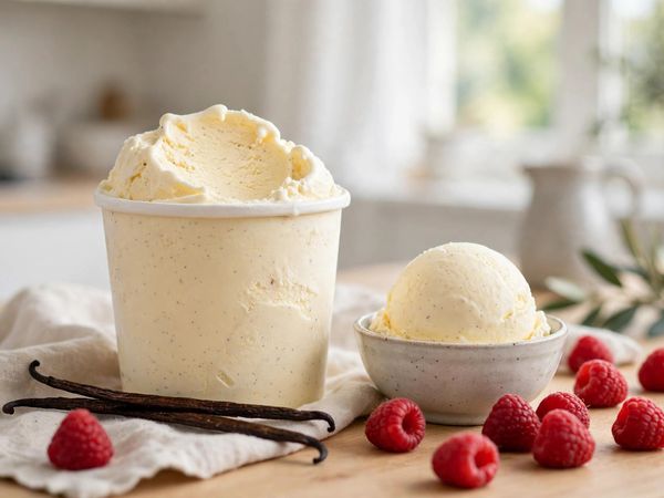A pint of healthy vanilla bean protein ice cream with visible vanilla specks, a scoop served in a small bowl with fresh raspberries