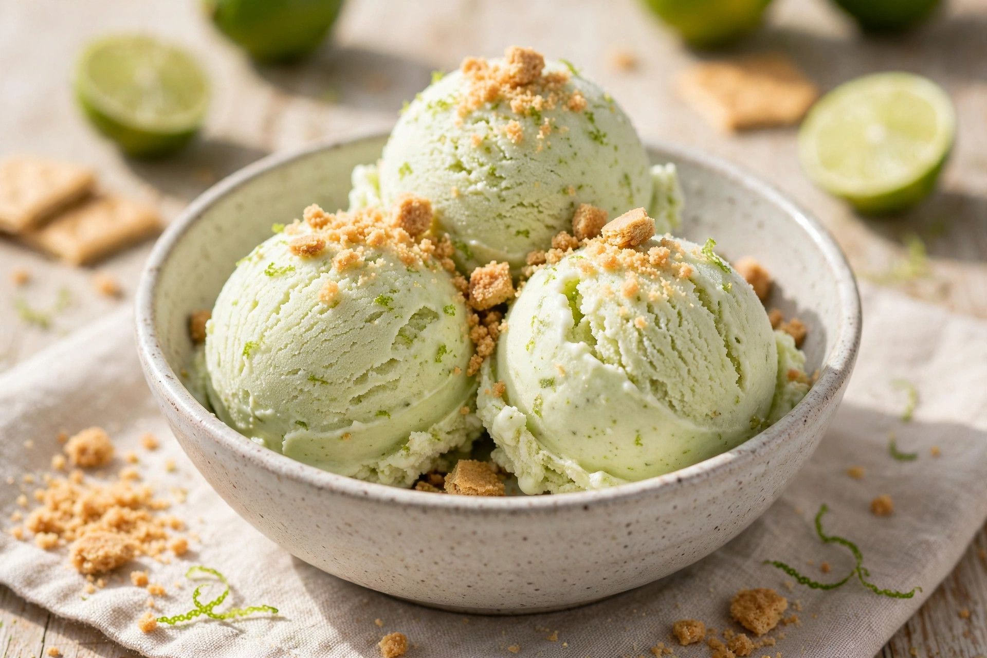 A bowl of pale green key lime pie protein ice cream scoops with graham cracker crumbs, on a light kitchen table