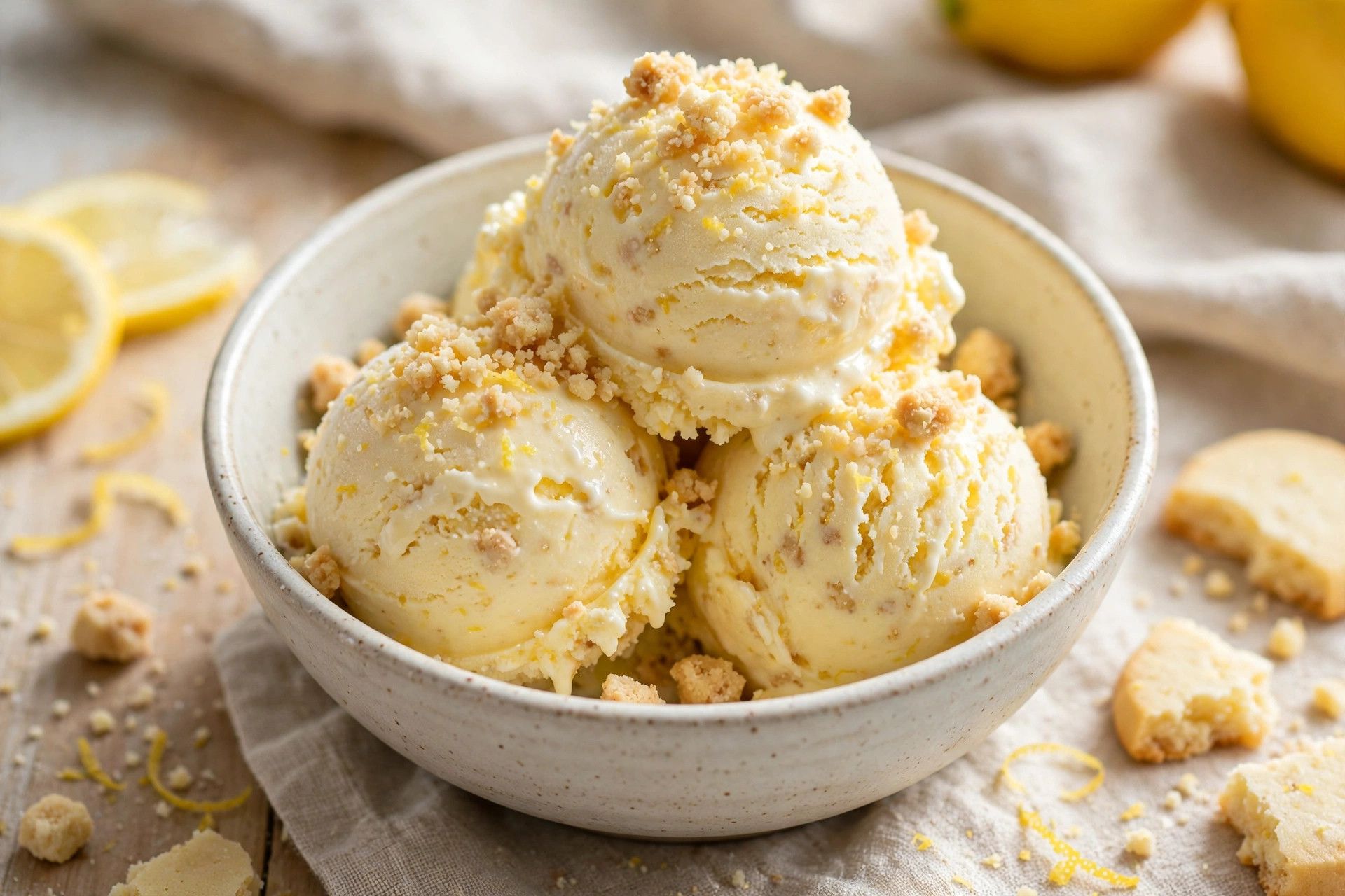 A bowl of pale yellow lemon bar protein ice cream scoops topped with shortbread crumbs, on a light kitchen table