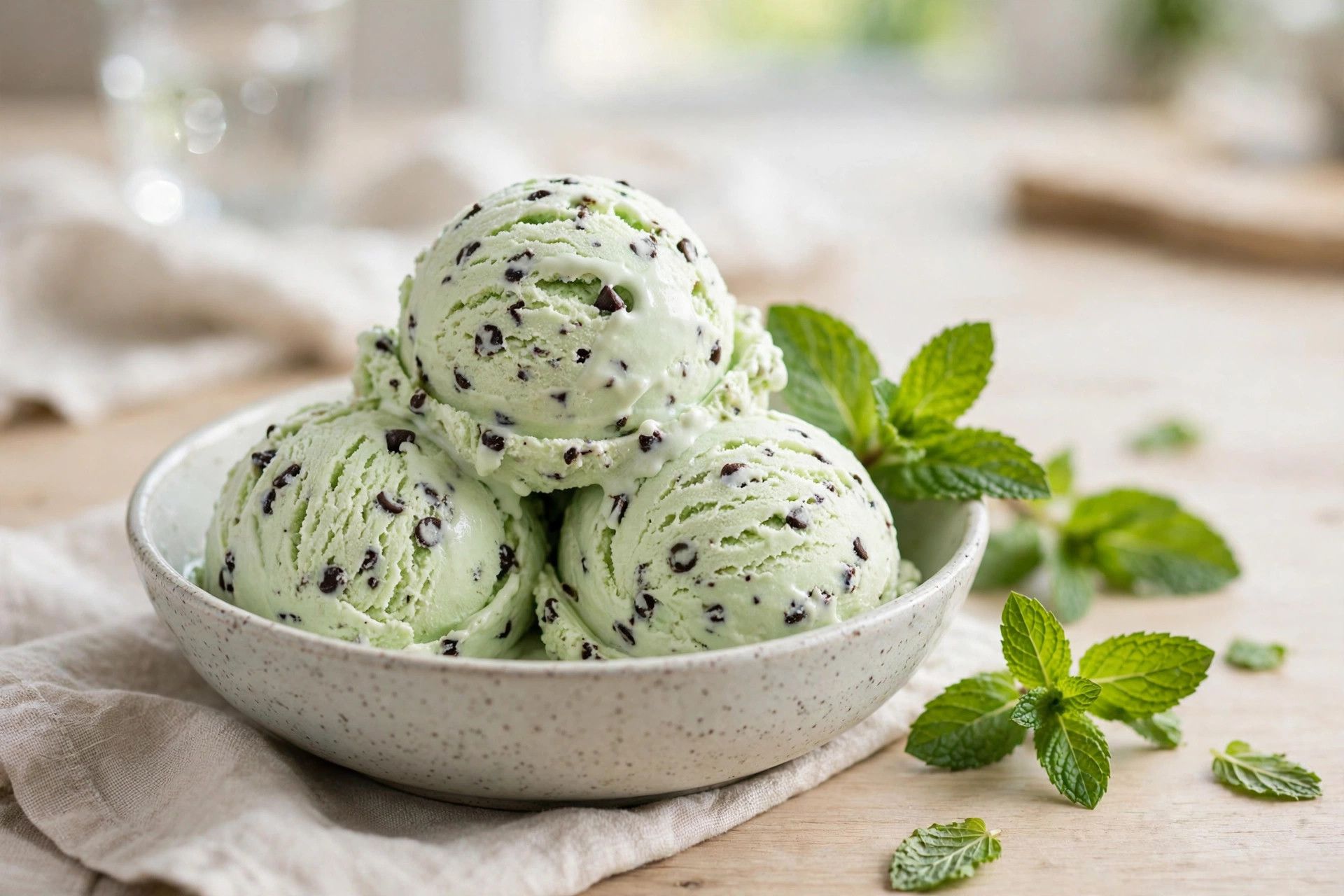 A bowl of pale mint chocolate chip protein ice cream scoops studded with dark chocolate chips, with fresh mint leaves, on a light kitchen table