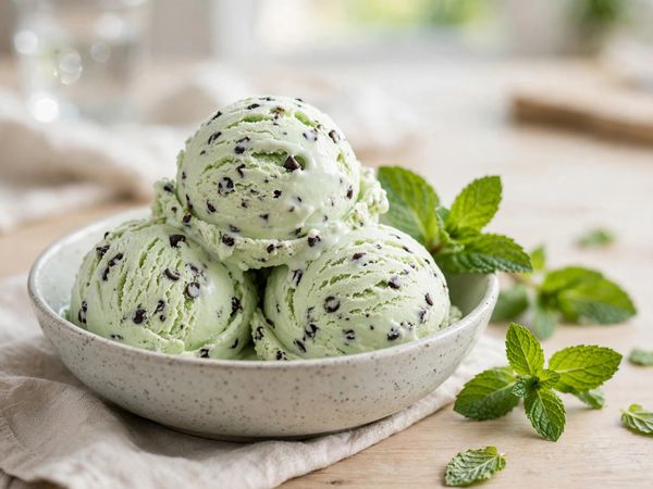 A bowl of pale mint chocolate chip protein ice cream scoops studded with dark chocolate chips, with fresh mint leaves, on a light kitchen table
