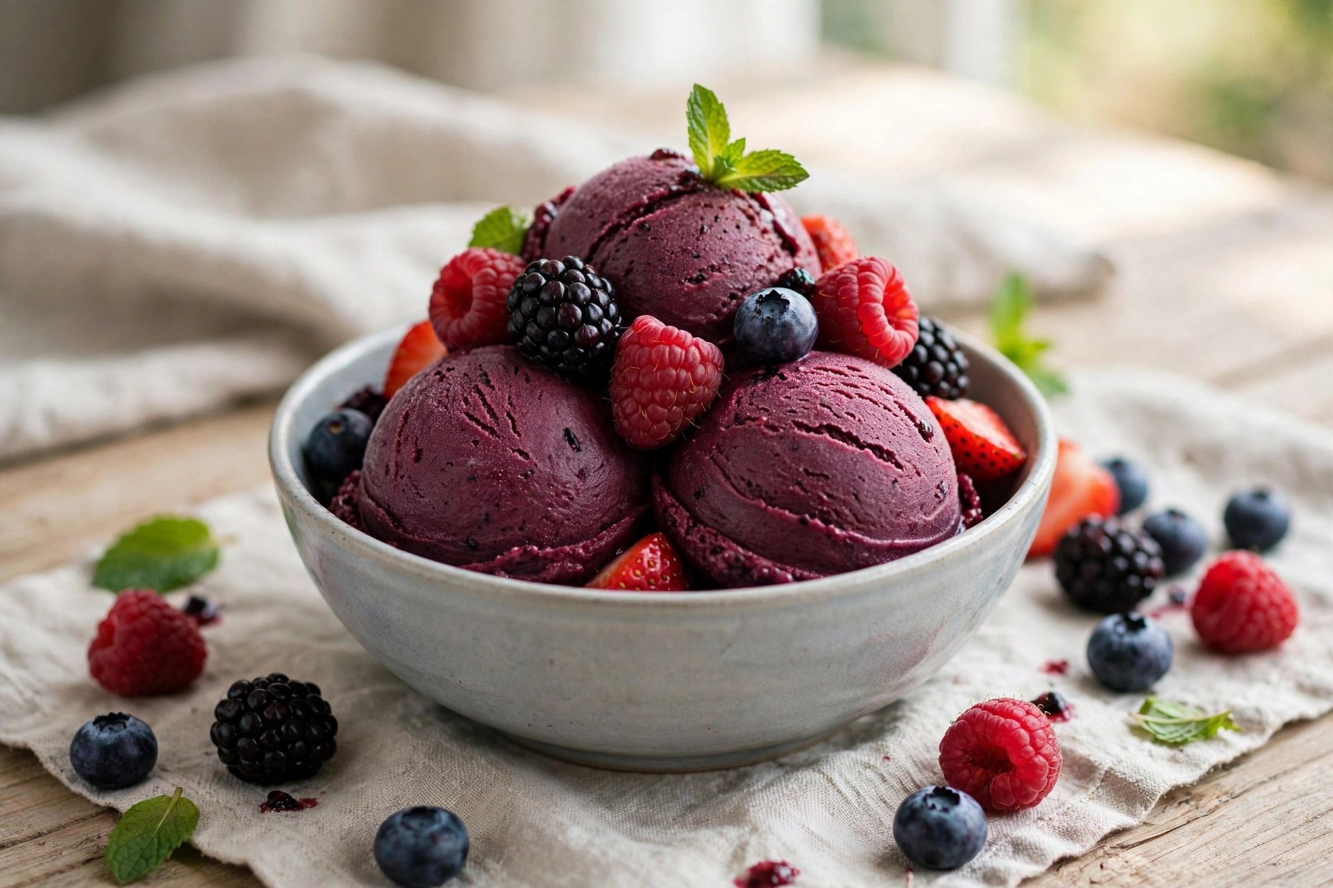 A bowl of deep purple mixed berry sorbet scoops topped with fresh berries, on a light kitchen table
