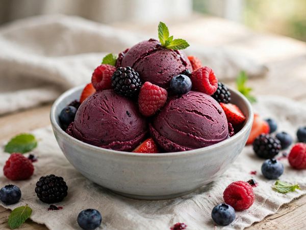 A bowl of deep purple mixed berry sorbet scoops topped with fresh berries, on a light kitchen table
