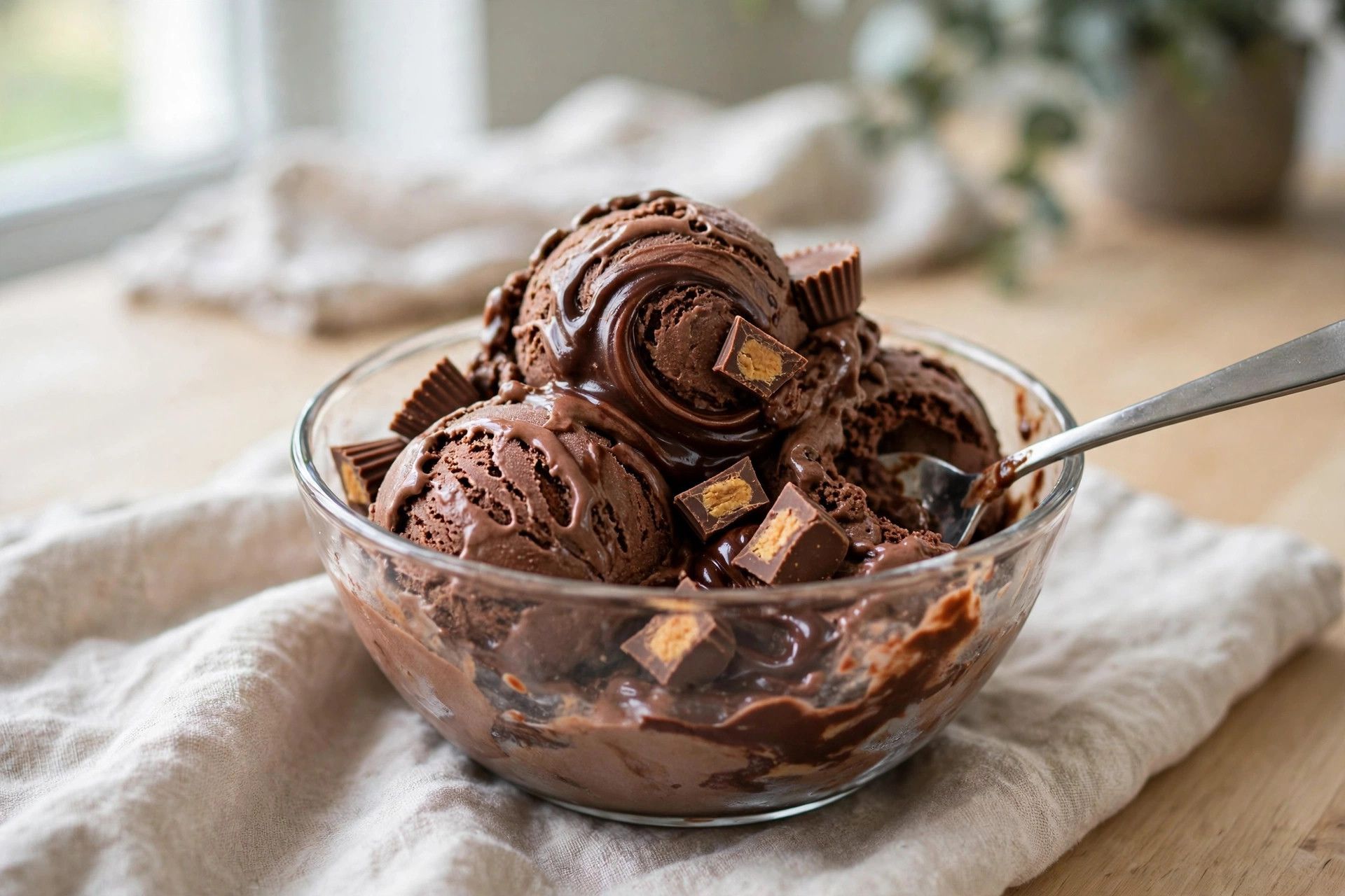 A bowl of chocolate moose tracks ice cream scoops with peanut butter cup chunks and a fudge swirl, on a light kitchen table