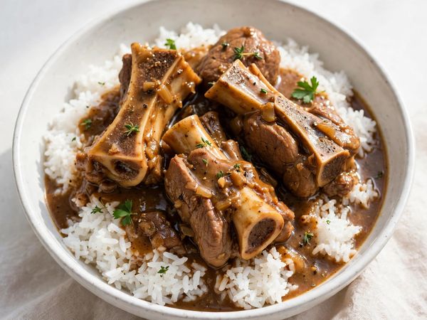 Tender neck bones in rich brown gravy served over fluffy white rice in a white bowl