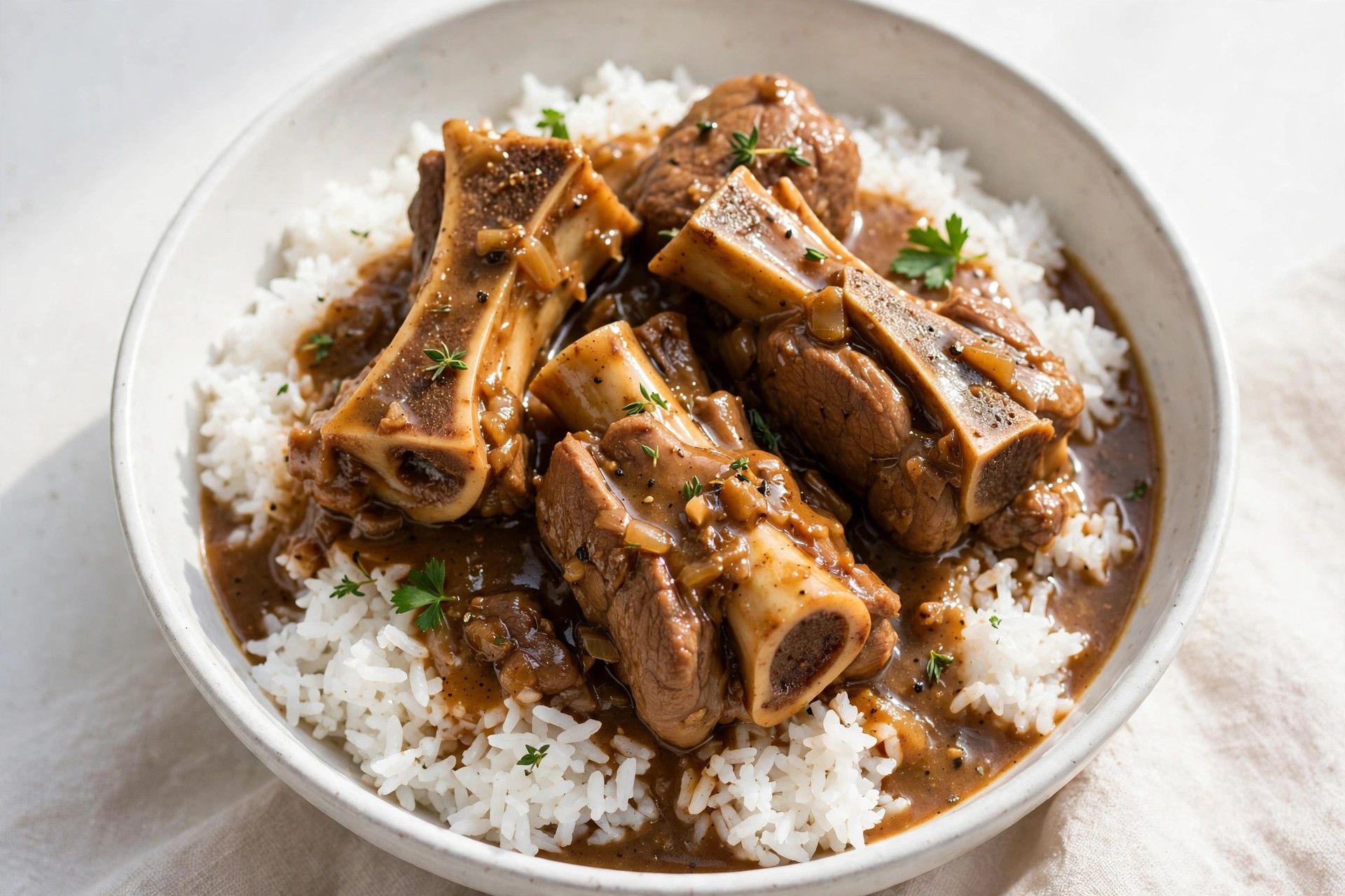 Tender neck bones in rich brown gravy served over fluffy white rice in a white bowl