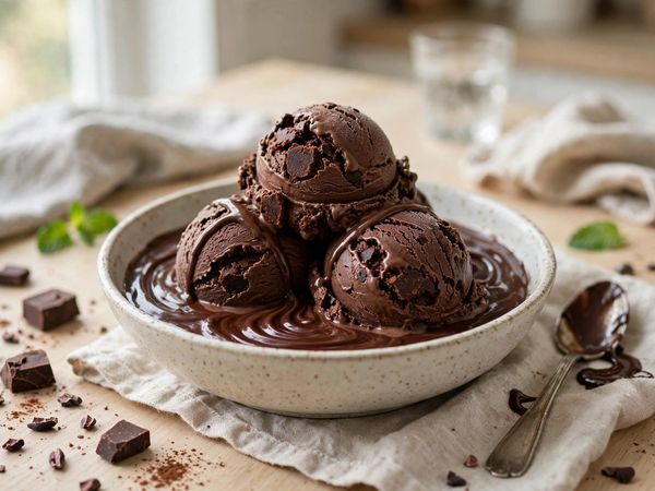 A bowl of thick dark chocolate fudge ice cream scoops with a chocolate sauce ripple, on a light kitchen table
