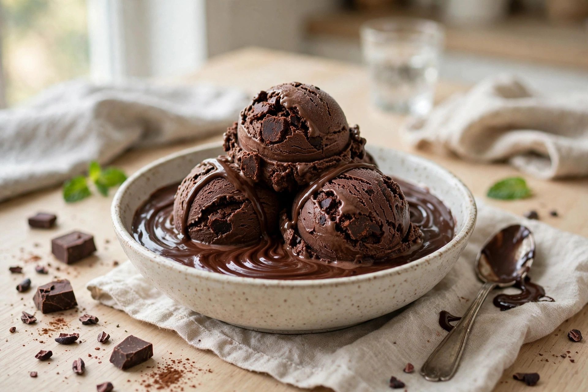 A bowl of thick dark chocolate fudge ice cream scoops with a chocolate sauce ripple, on a light kitchen table