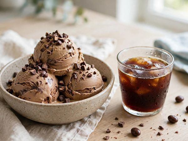 A bowl of coffee ice cream scoops with chopped chocolate-covered espresso beans on top, beside a small cup of cold brew