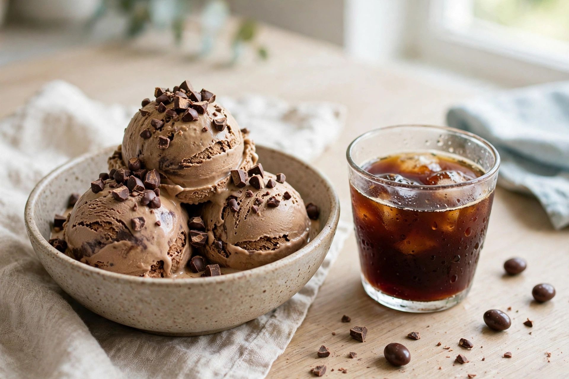 A bowl of coffee ice cream scoops with chopped chocolate-covered espresso beans on top, beside a small cup of cold brew