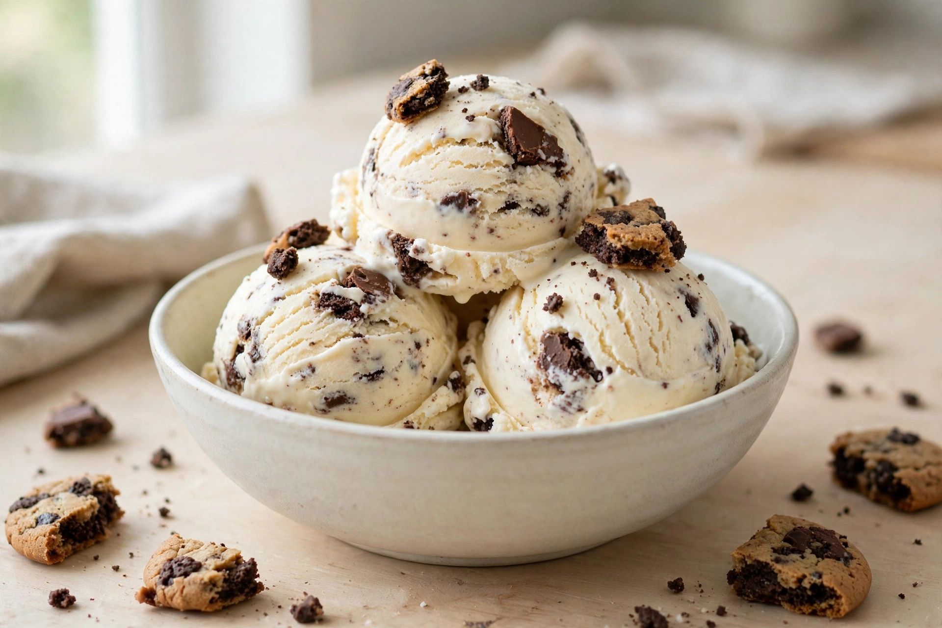 A bowl of vanilla cookies and cream ice cream scoops with chunky chocolate cookie pieces, on a light kitchen table