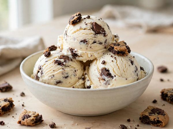 A bowl of vanilla cookies and cream ice cream scoops with chunky chocolate cookie pieces, on a light kitchen table