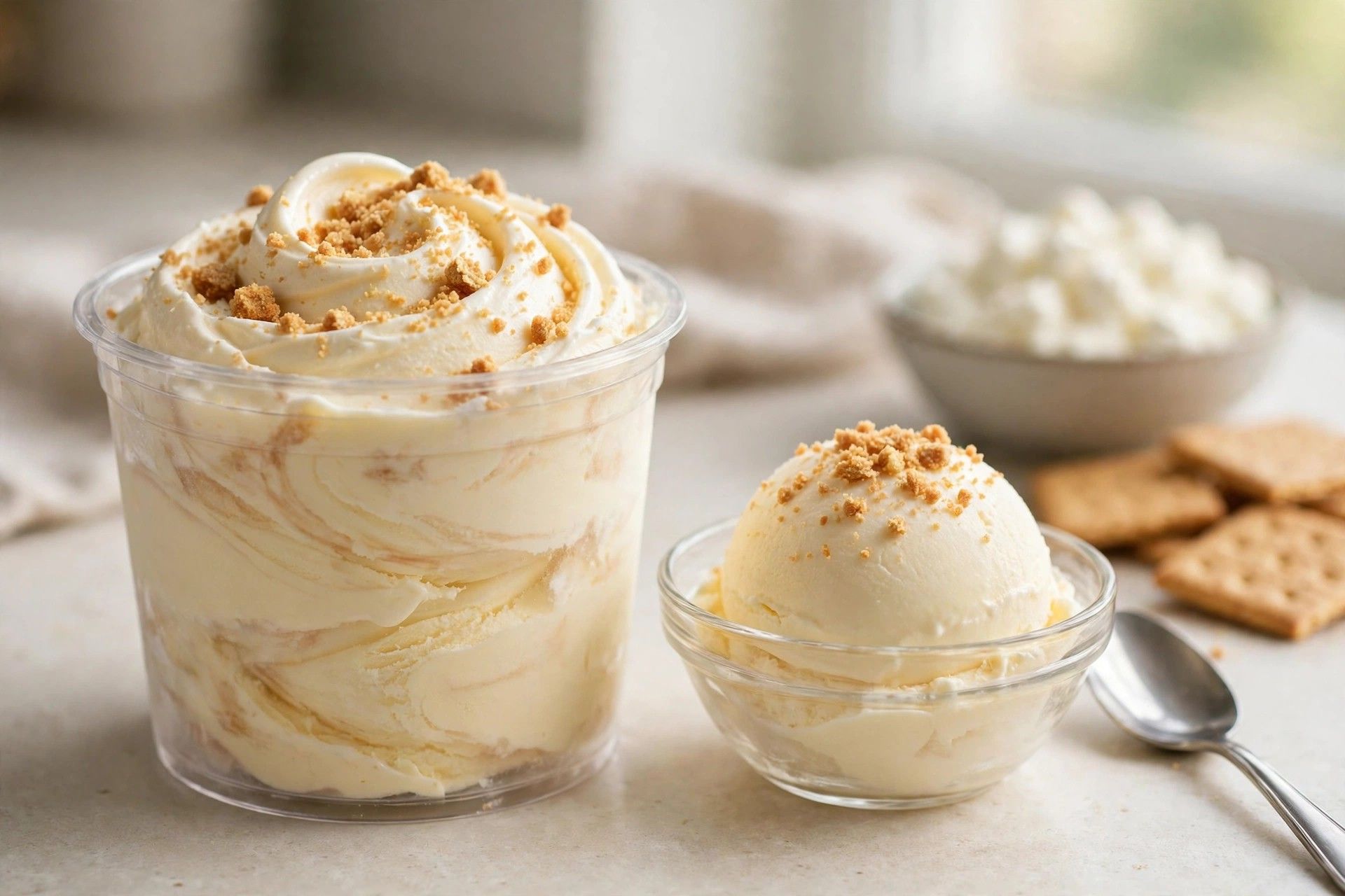 A pint of homemade ninja creami cottage cheese ice cream with a smooth vanilla cheesecake texture, topped with crushed graham cracker crumbs
