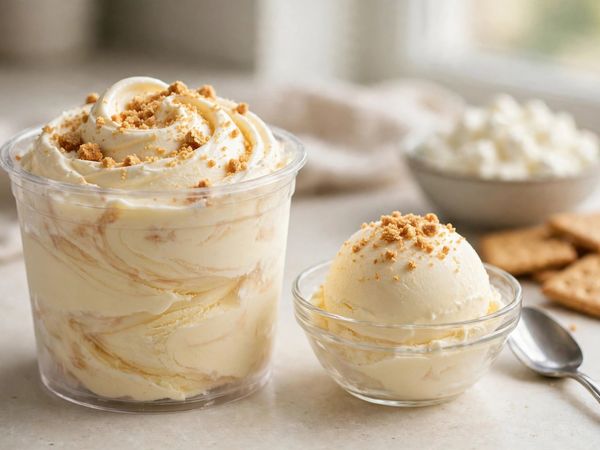 A pint of homemade ninja creami cottage cheese ice cream with a smooth vanilla cheesecake texture, topped with crushed graham cracker crumbs
