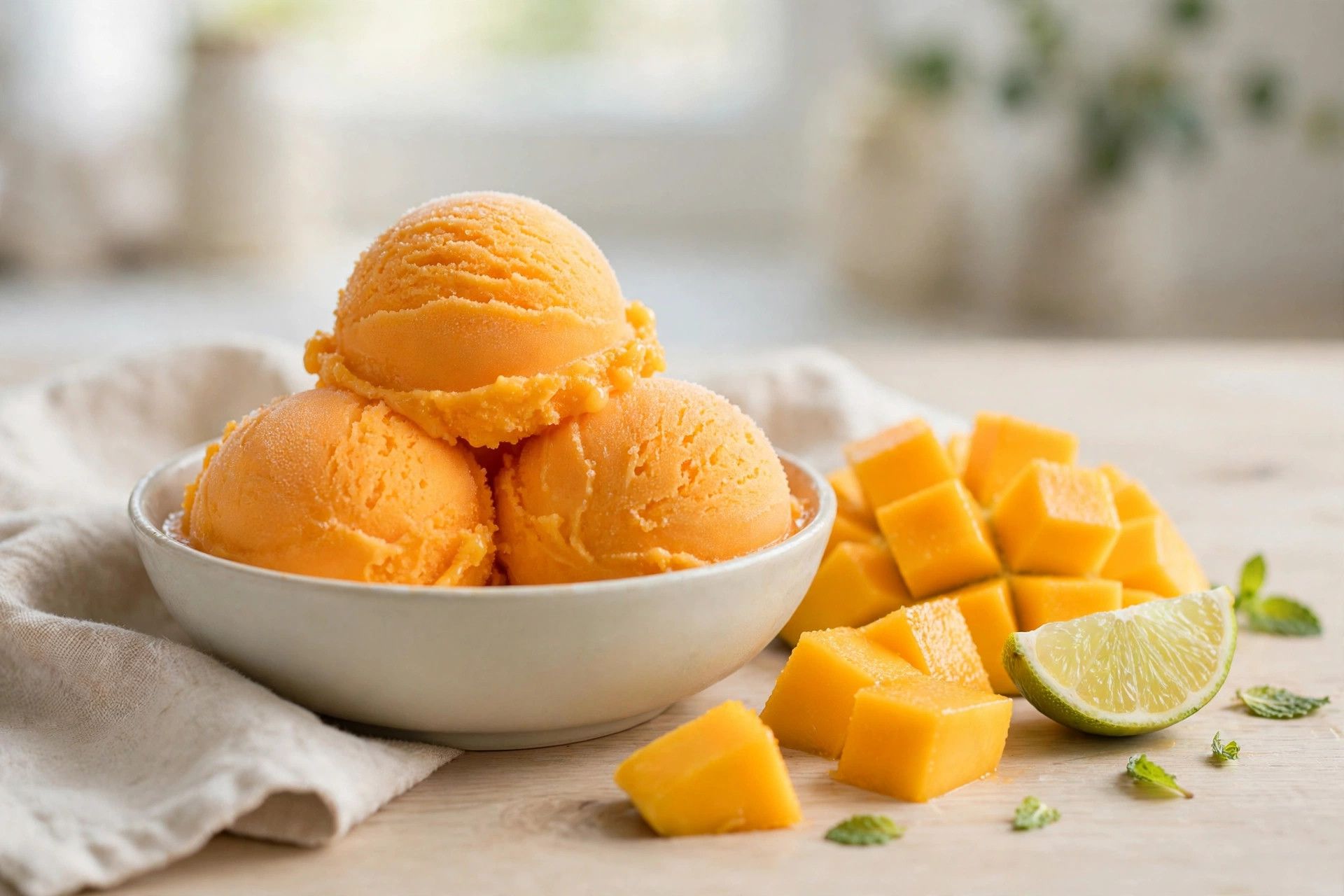 A bowl of bright orange mango tango sorbet scoops with a lime wedge and fresh mango chunks beside it