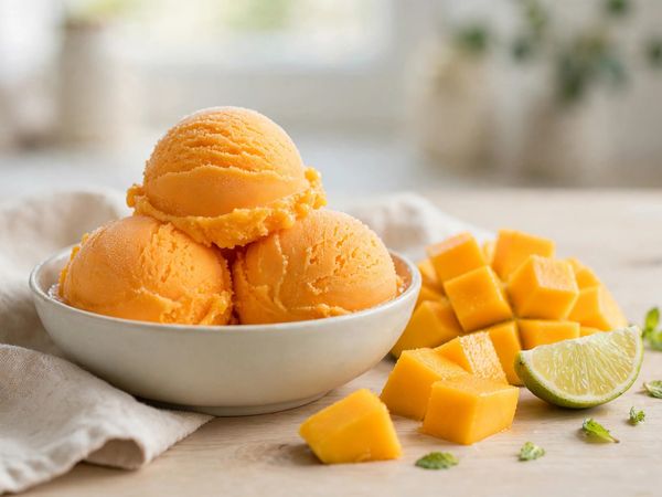 A bowl of bright orange mango tango sorbet scoops with a lime wedge and fresh mango chunks beside it
