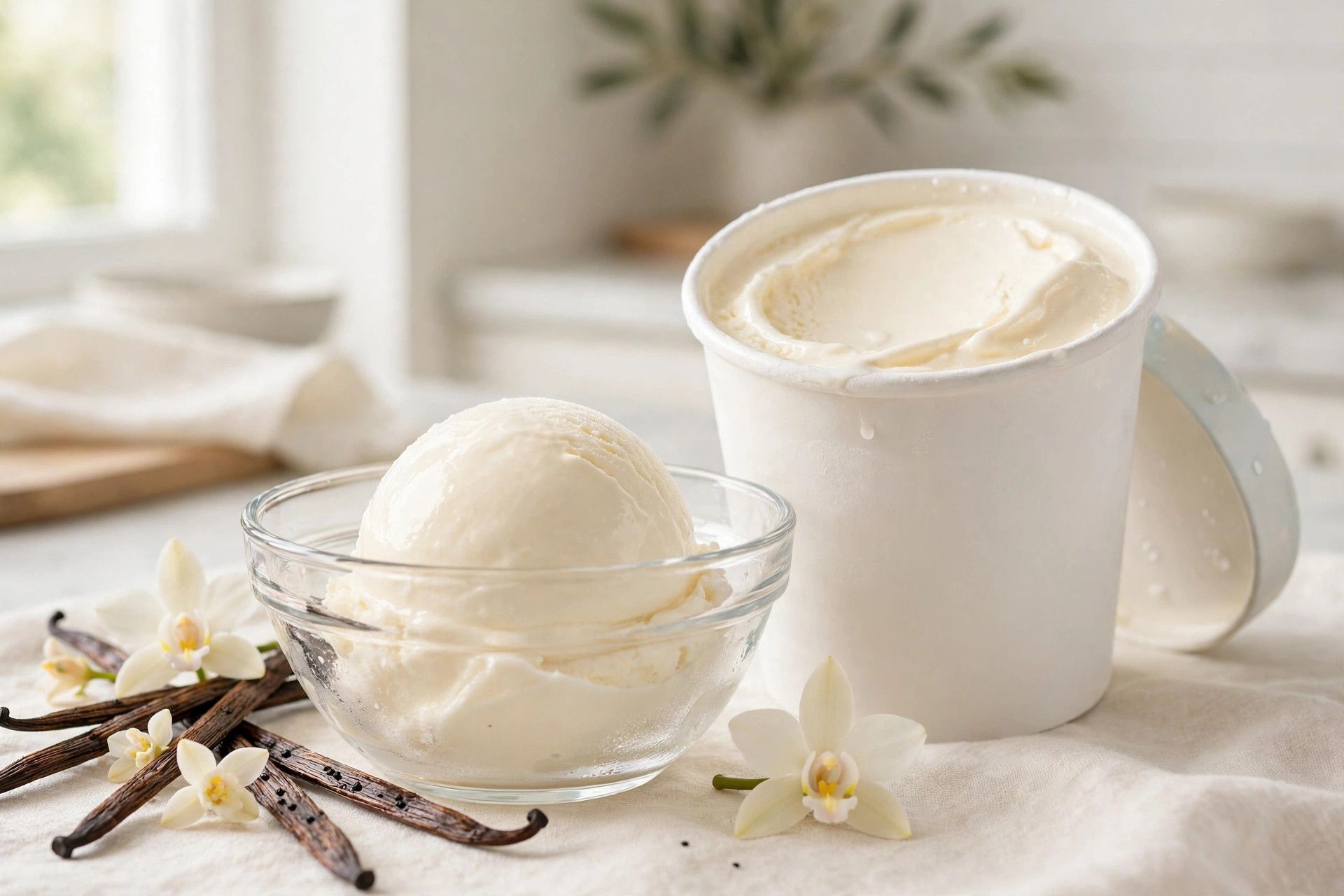 A pint of vanilla ninja creami protein ice cream made with no pudding mix, with a smooth scoop served in a glass bowl