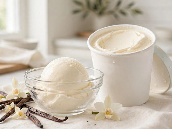 A pint of vanilla ninja creami protein ice cream made with no pudding mix, with a smooth scoop served in a glass bowl