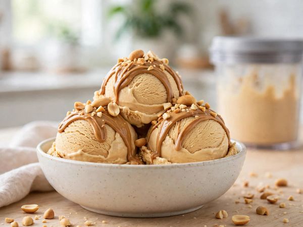 A bowl of thick peanut butter ice cream scoops with a peanut butter drizzle and chopped roasted peanuts on top