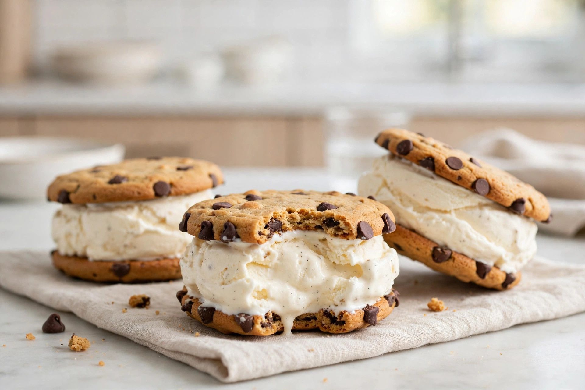 Protein ice cream sandwiches made with cottage cheese cookies, with ice cream edges rolled in chocolate chips