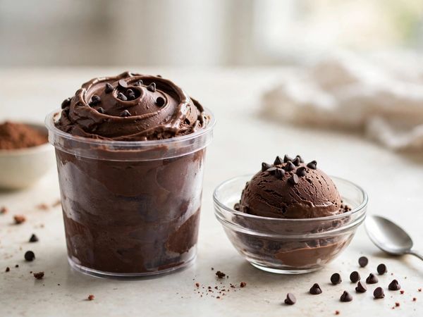 A pint of homemade ninja creami protein ice cream in rich chocolate, with a scoop served in a glass bowl and mini chocolate chips