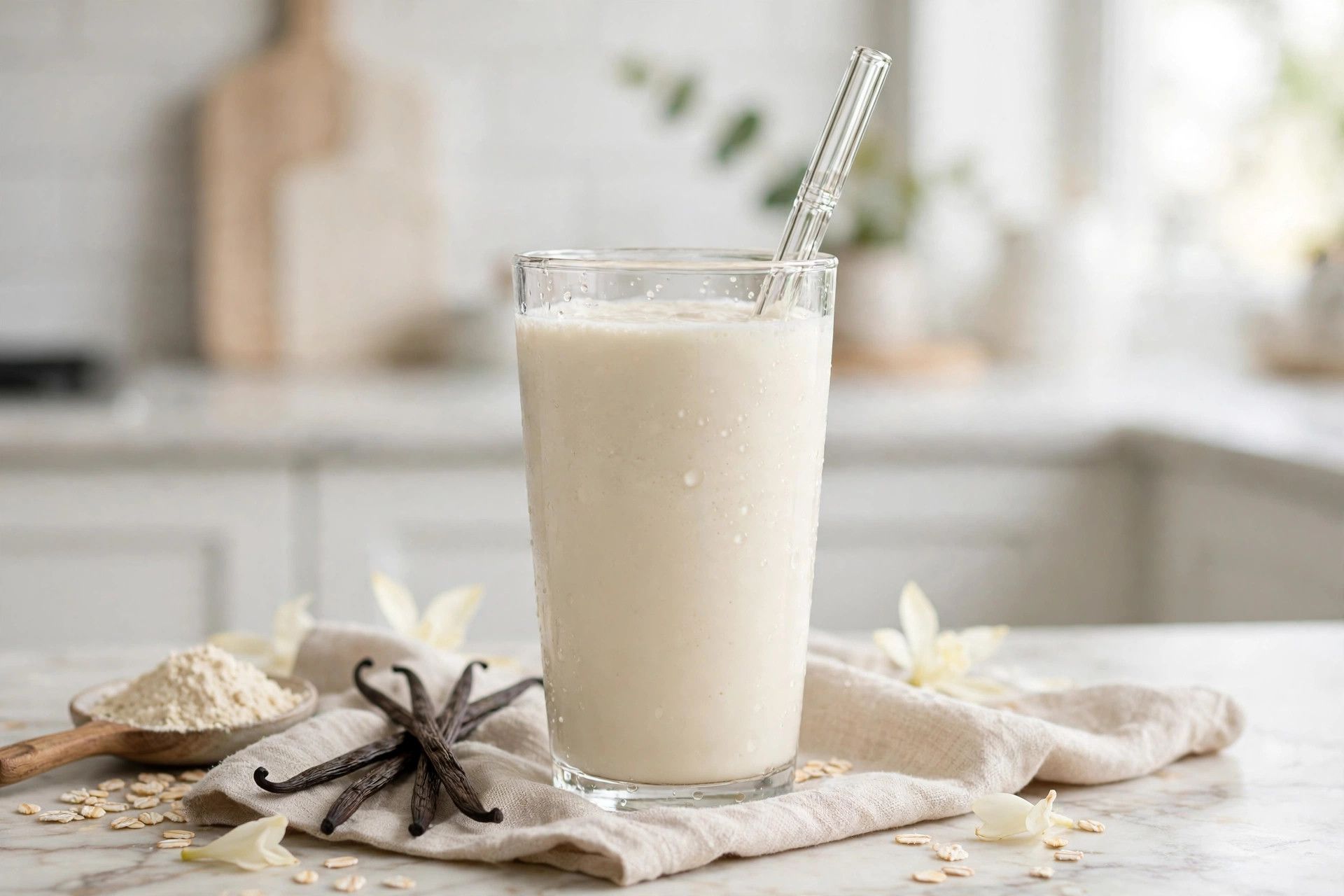 Tall glasses of thick protein milkshake with a straw, on a light kitchen table