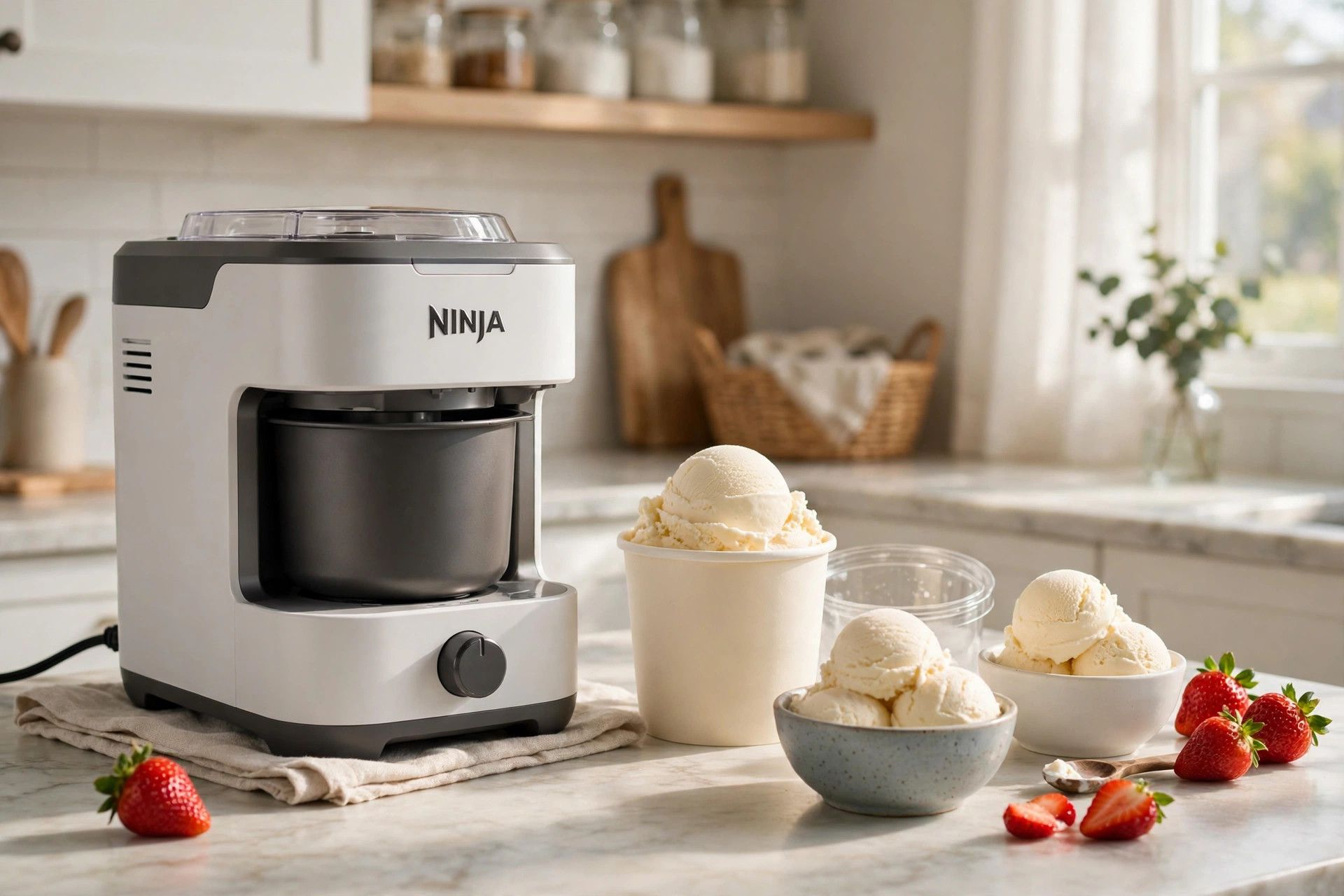 A Ninja Creami machine on a bright kitchen counter with a finished pint of vanilla ice cream and two small bowls of scoops
