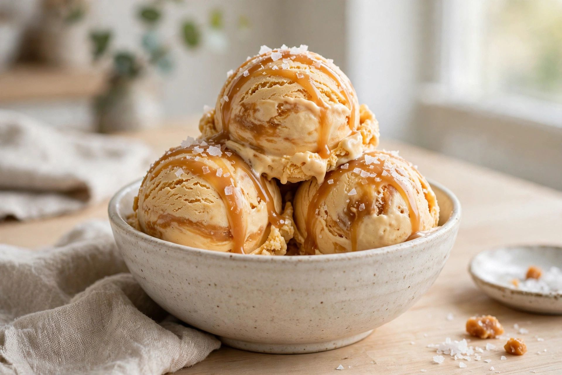 A bowl of salted caramel ice cream scoops with a caramel drizzle and flaky sea salt on top, on a light kitchen table