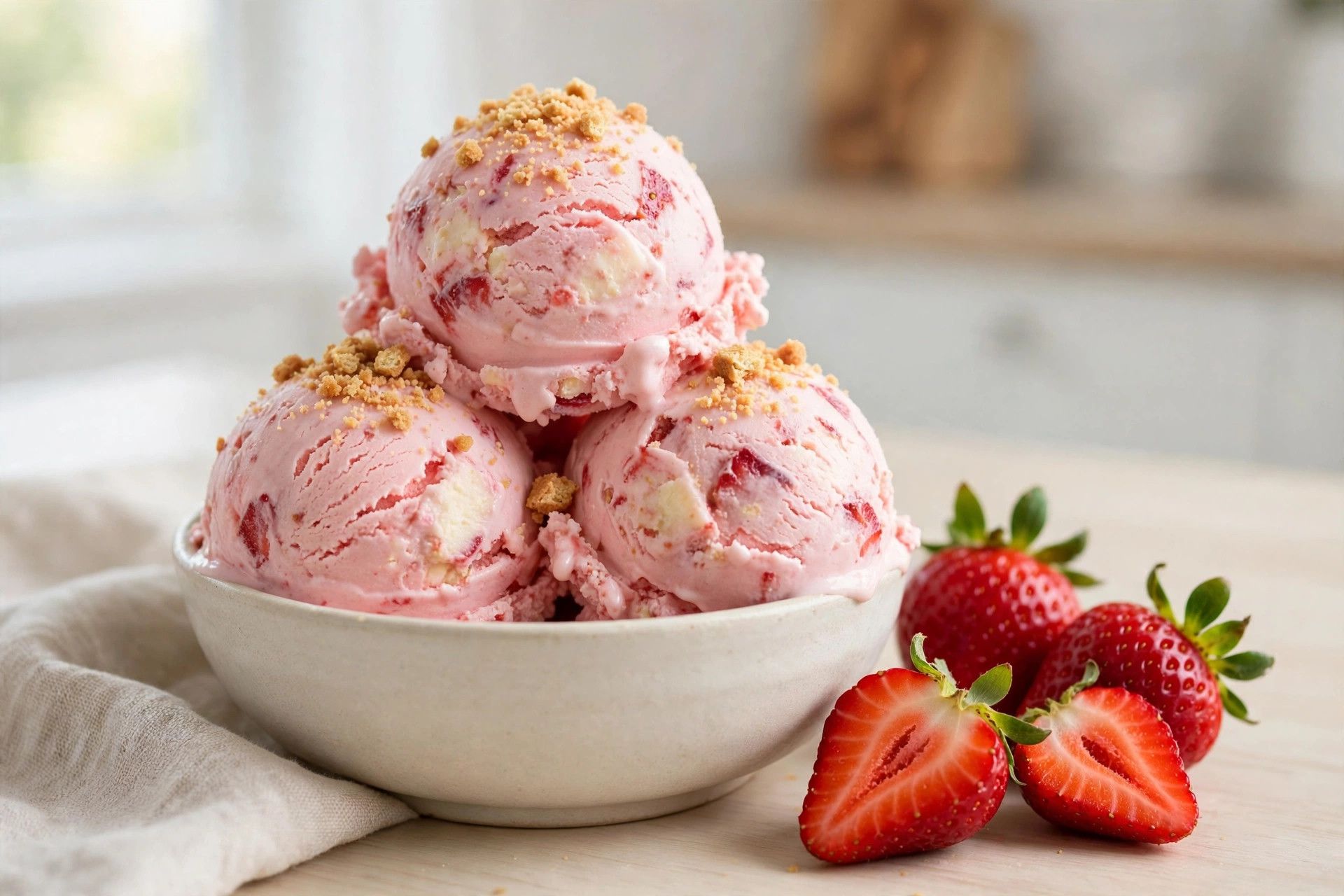 A bowl of pink strawberry cheesecake ice cream scoops with crushed graham cracker on top and fresh strawberries beside it