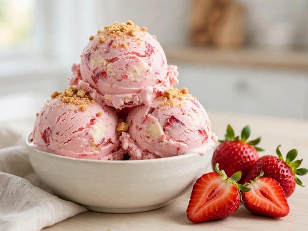 A bowl of pink strawberry cheesecake ice cream scoops with crushed graham cracker on top and fresh strawberries beside it