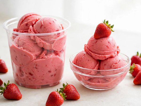 A pint and a small glass bowl of homemade ninja creami strawberry sorbet in a vivid pink, topped with a fresh strawberry